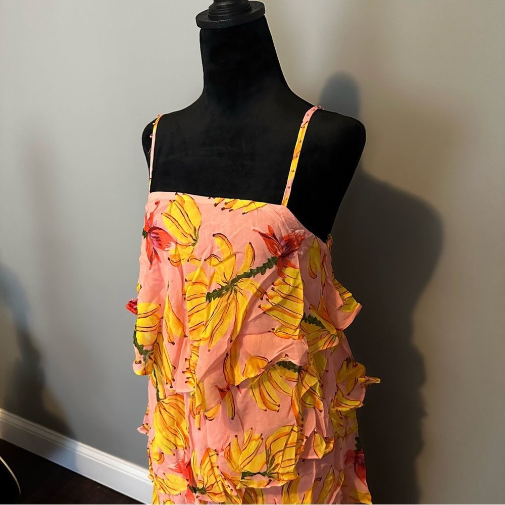 NWT Farm Rio Banana Taste Tiered Irregular Pink Sleeveless Midi Dress Ru… - Picture 4 of 12